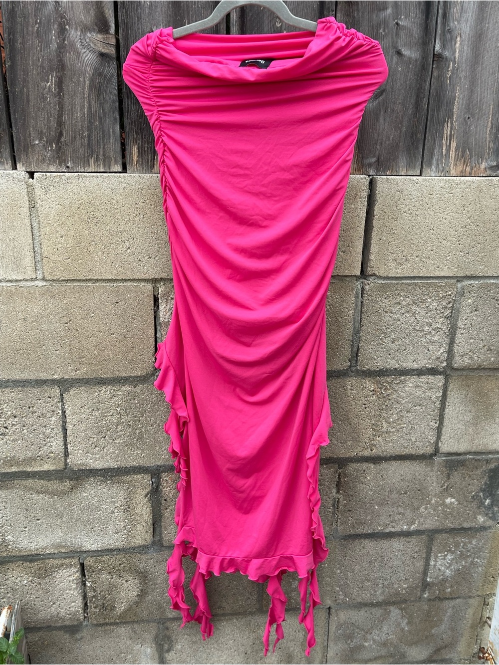 Bershka Fuchsia Pink Strapless Ruffled Midi Dress Y2K Size L - Picture 6 of 10